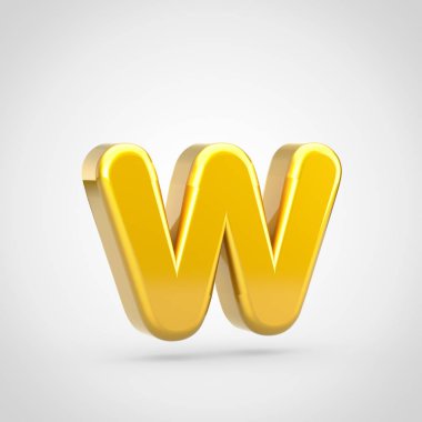 Altın harf W küçük. Beyaz arka plan üzerinde izole altın doku ile 3D render yazı tipi.