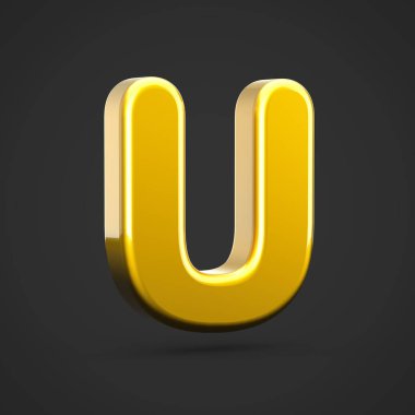 Altın harf U büyük harf. siyah arka plan üzerine izole altın doku ile 3D render yazı tipi.
