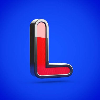 Süper kahraman harf L büyük harf. 3D render mavi arka plan üzerinde izole stilize retro kırmızı ve siyah parlak yazı tipi.