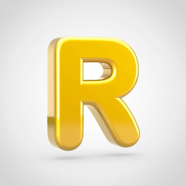 Altın harf R büyük. Beyaz arka plan üzerinde izole altın doku ile 3D render yazı tipi.