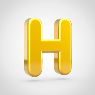 Altın harf H büyük harf. Beyaz arka plan üzerinde izole altın doku ile 3D render yazı tipi.