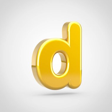 Altın harf D küçük. Beyaz arka plan üzerinde izole altın doku ile 3D render yazı tipi.