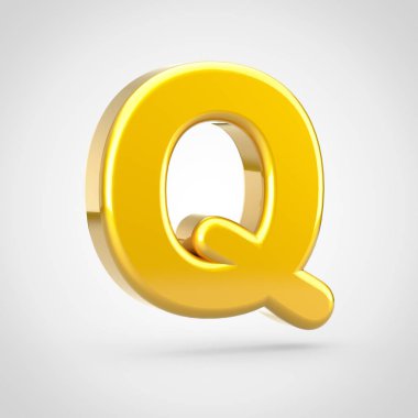 Altın harf Q büyük harf. Beyaz arka plan üzerinde izole altın doku ile 3D render yazı tipi.
