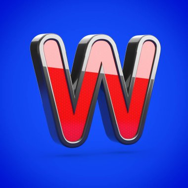 Süper kahraman harf büyük harf W. 3D render mavi arka plan üzerinde izole stilize retro kırmızı ve siyah parlak yazı tipi.