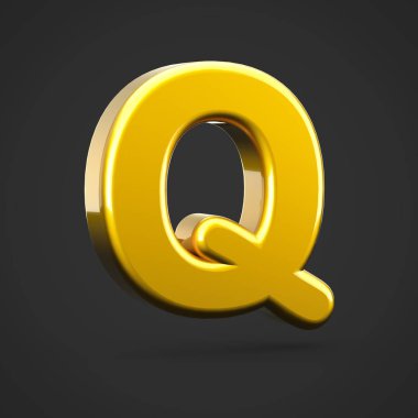 Altın harf Q büyük harf. siyah arka plan üzerine izole altın doku ile 3D render yazı tipi.