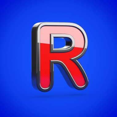 Süper kahraman harf R büyük. 3D render mavi arka plan üzerinde izole stilize retro kırmızı ve siyah parlak yazı tipi.