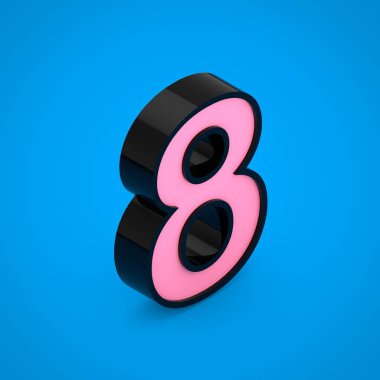 Pembe neon ışık siyah numarasıyla 8. 3d render izometrik yazı tipi üzerinde mavi arka plan izole.