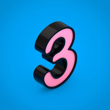 Pembe neon ışıklı siyah sayısı 3. 3d render izometrik yazı tipi üzerinde mavi arka plan izole.