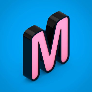 Siyah harf M pembe neon ışık ile büyük. 3d render izometrik yazı tipi üzerinde mavi arka plan izole.