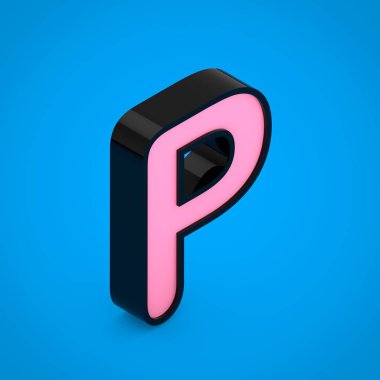 Siyah harf P pembe neon ışık ile büyük. 3d render izometrik yazı tipi üzerinde mavi arka plan izole.
