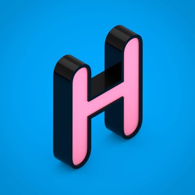 Siyah harf H pembe neon ışık ile büyük. 3d render izometrik yazı tipi üzerinde mavi arka plan izole.