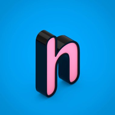 Siyah harf H küçük pembe neon ışık ile. 3d render izometrik yazı tipi üzerinde mavi arka plan izole.