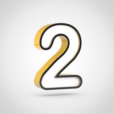 Beyaz ve siyah anahat olan altın sayı 2. Beyaz arka plan üzerinde izole 3d render yazı tipi.