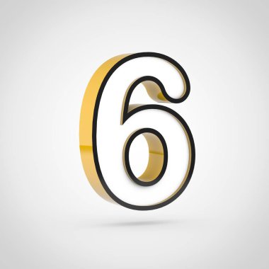 Altın sayı 6 ile beyaz ve siyah anahat. Beyaz arka plan üzerinde izole 3d render yazı tipi.