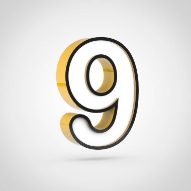 Altın sayı 9 ile beyaz ve siyah anahat. Beyaz arka plan üzerinde izole 3d render yazı tipi.