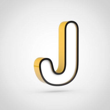 Altın harf J beyaz yüz ve siyah anahat ile büyük. Beyaz arka plan üzerinde izole 3d render yazı tipi.