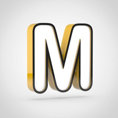 Altın harf M beyaz yüz ve siyah anahat ile büyük. Beyaz arka plan üzerinde izole 3d render yazı tipi.