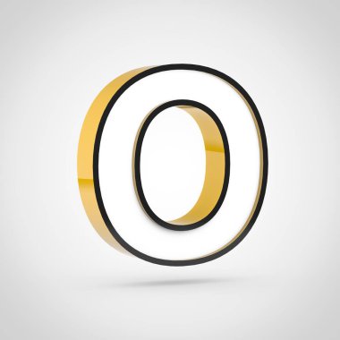 Altın harf O beyaz ve siyah anahat ile büyük. Beyaz arka plan üzerinde izole 3d render yazı tipi.