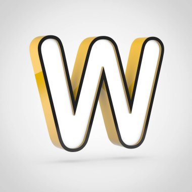 Altın harf W beyaz yüz ve siyah anahat ile büyük. Beyaz arka plan üzerinde izole 3d render yazı tipi.