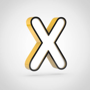 Altın harf X beyaz yüz ve siyah anahat ile büyük. Beyaz arka plan üzerinde izole 3d render yazı tipi.