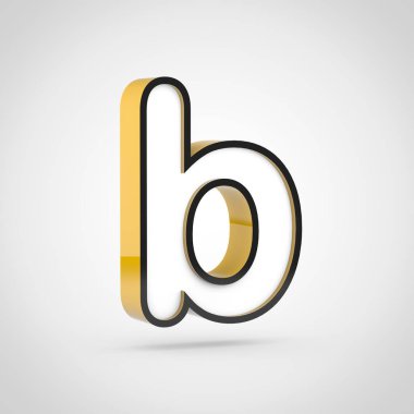 Altın harf B küçük beyaz yüz ve siyah anahat ile. Beyaz arka plan üzerinde izole 3d render yazı tipi.