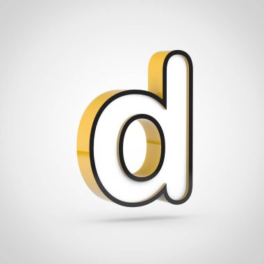 Altın harf D küçük beyaz yüz ve siyah anahat ile. Beyaz arka plan üzerinde izole 3d render yazı tipi.