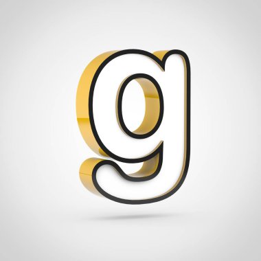 Altın harf G küçük beyaz yüz ve siyah anahat ile. Beyaz arka plan üzerinde izole 3d render yazı tipi.