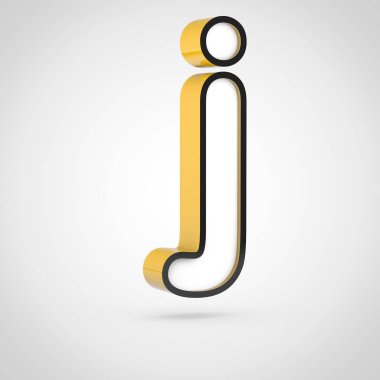 Altın harf J küçük beyaz yüz ve siyah anahat ile. Beyaz arka plan üzerinde izole 3d render yazı tipi.