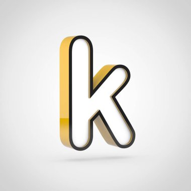 Altın harf K küçük beyaz yüz ve siyah anahat ile. Beyaz arka plan üzerinde izole 3d render yazı tipi.