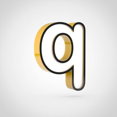 Altın harf Q küçük beyaz yüz ve siyah anahat ile. Beyaz arka plan üzerinde izole 3d render yazı tipi.
