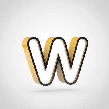Altın harf W küçük beyaz yüz ve siyah anahat ile. Beyaz arka plan üzerinde izole 3d render yazı tipi.