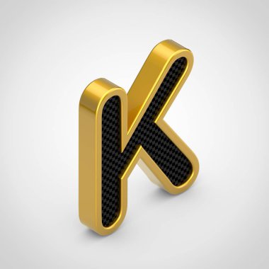 Altın harf K Siyah karbon fiber yüz doku ile büyük. 3d render izometrik yazı tipi beyaz arka plan üzerinde izole.
