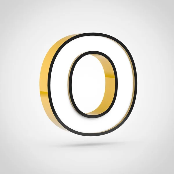 Golden letter O uppercase with white face and black outline. 3D render font isolated on white background.