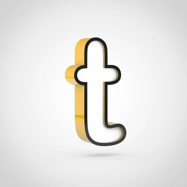 Golden letter T lowercase with white face and black outline. 3D render font isolated on white background.