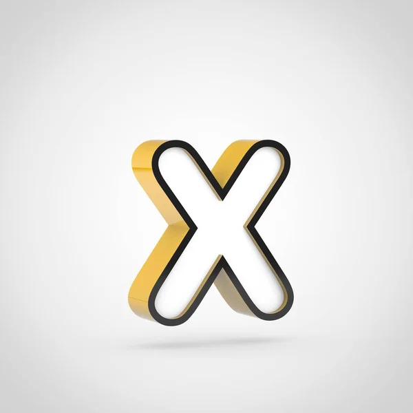 Golden letter X lowercase with white face and black outline. 3D render font isolated on white background.