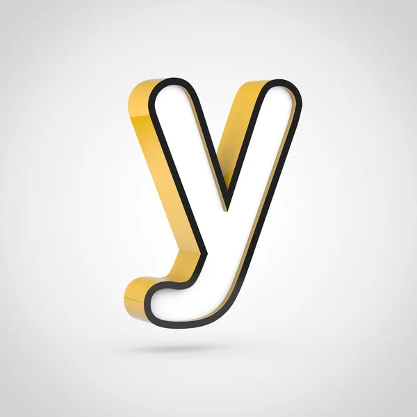 Golden letter Y lowercase with white face and black outline. 3D render font isolated on white background.