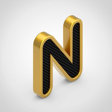 Altın harf N siyah karbon fiber yüz doku ile büyük. 3d render izometrik yazı tipi beyaz arka plan üzerinde izole.