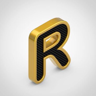 Altın harf R siyah karbon fiber yüz doku ile büyük. 3d render izometrik yazı tipi beyaz arka plan üzerinde izole.