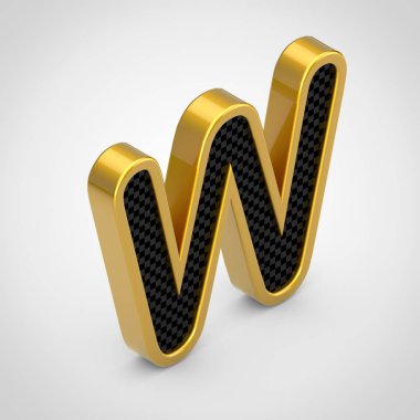 Altın harf W siyah karbon fiber yüz doku ile büyük. 3d render izometrik yazı tipi beyaz arka plan üzerinde izole.