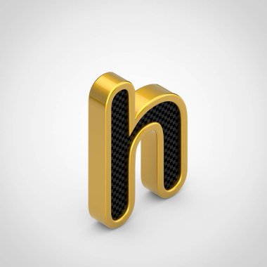 Altın harf H küçük siyah karbon fiber yüz doku ile. 3d render izometrik yazı tipi beyaz arka plan üzerinde izole.