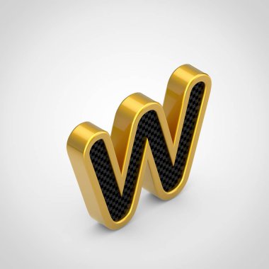Altın harf W küçük siyah karbon fiber yüz doku ile. 3d render izometrik yazı tipi beyaz arka plan üzerinde izole.