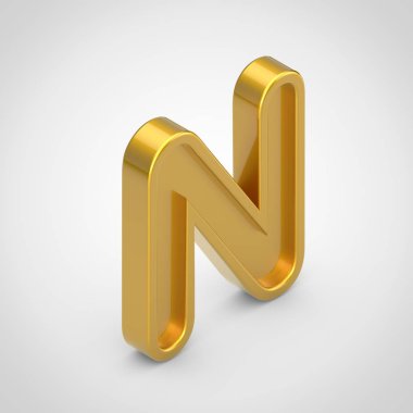 Altın harf N büyük harf. Beyaz arka plan üzerinde izole 3d render izometrik kabartma yazı tipi.
