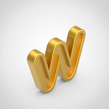 Altın harf W küçük. Beyaz arka plan üzerinde izole 3d render izometrik kabartma yazı tipi.