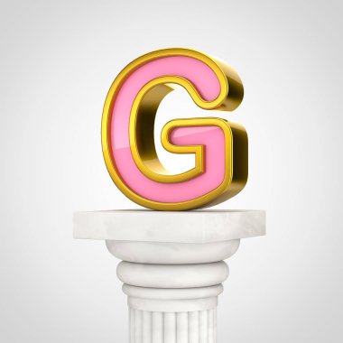 Altın harf G büyük harf, 3d render beyaz sütunda beyaz arka plan üzerinde izole altın anahatla pembe yazı tipi.