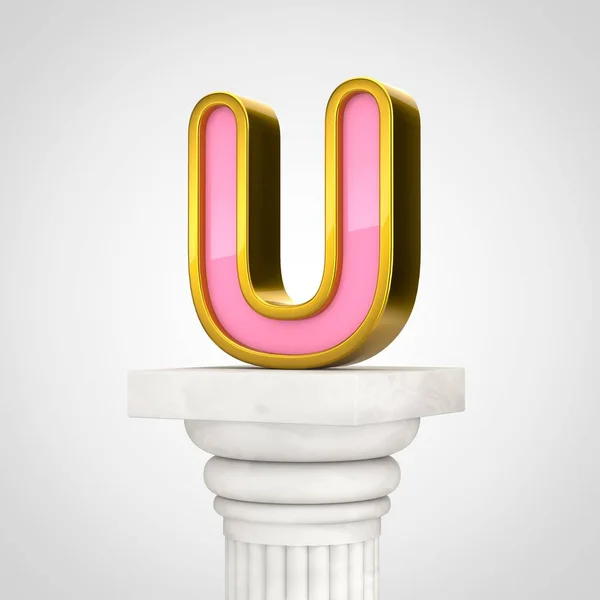 Golden letter U uppercase, 3d render pink font with gold outline on white column isolated on white background.
