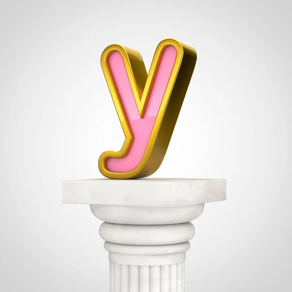 Golden letter Y lowercase, 3d render pink font with gold outline on white column isolated on white background.