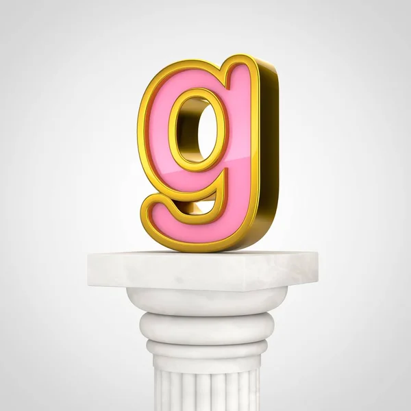 Golden letter G lowercase, 3d render pink font with gold outline on white column isolated on white background.