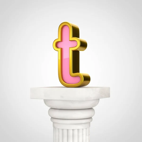 Golden letter T lowercase, 3d render pink font with gold outline on white column isolated on white background.