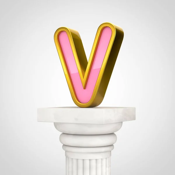 Golden letter V uppercase, 3d render pink font with gold outline on white column isolated on white background.