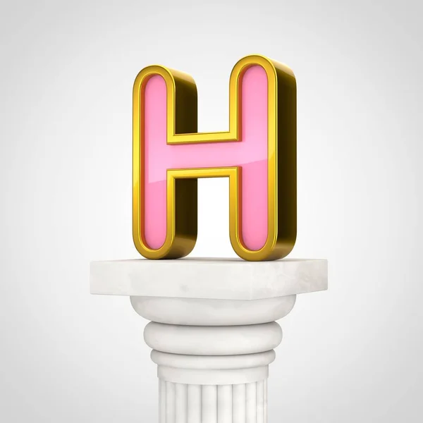 Golden letter H uppercase, 3d render pink font with gold outline on white column isolated on white background.